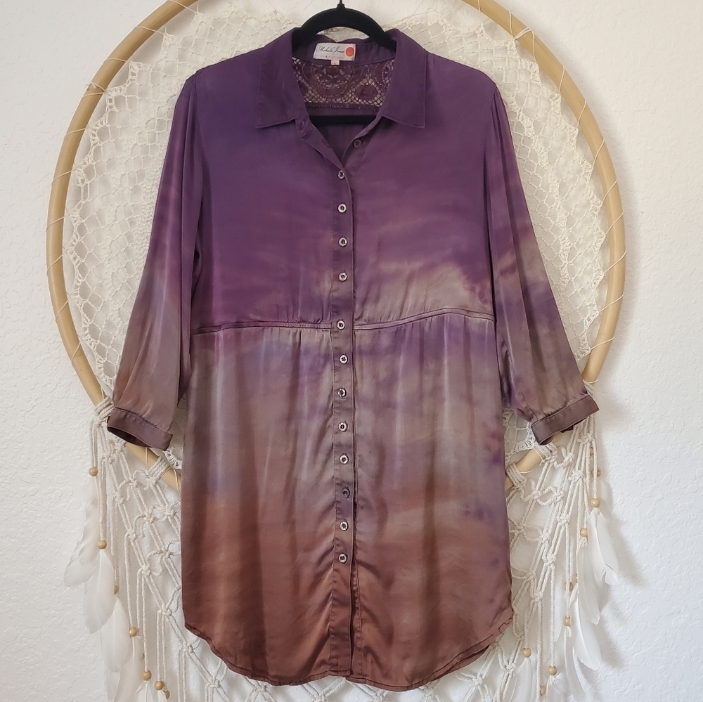 Michelle Jonas Ombre Tie-Dye Silk 3/4 Sleeve Button Down Babydoll Tunic Top L